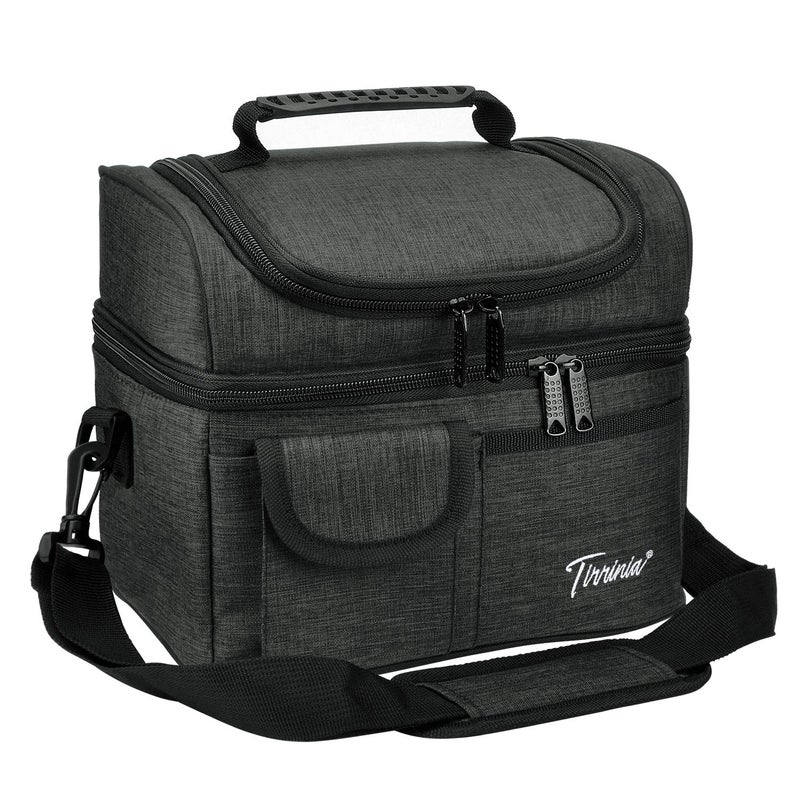 Tirrinia Insulated Lunch Bag  Leakproof Thermal Bento Cooler Tote for Women and Men  Dual Compartment with Shoulder Strap  10.3"" x 7.5"" x 8.6""  Black - Image 1